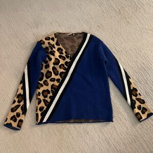 Blue, black and white with leopard print sweater.